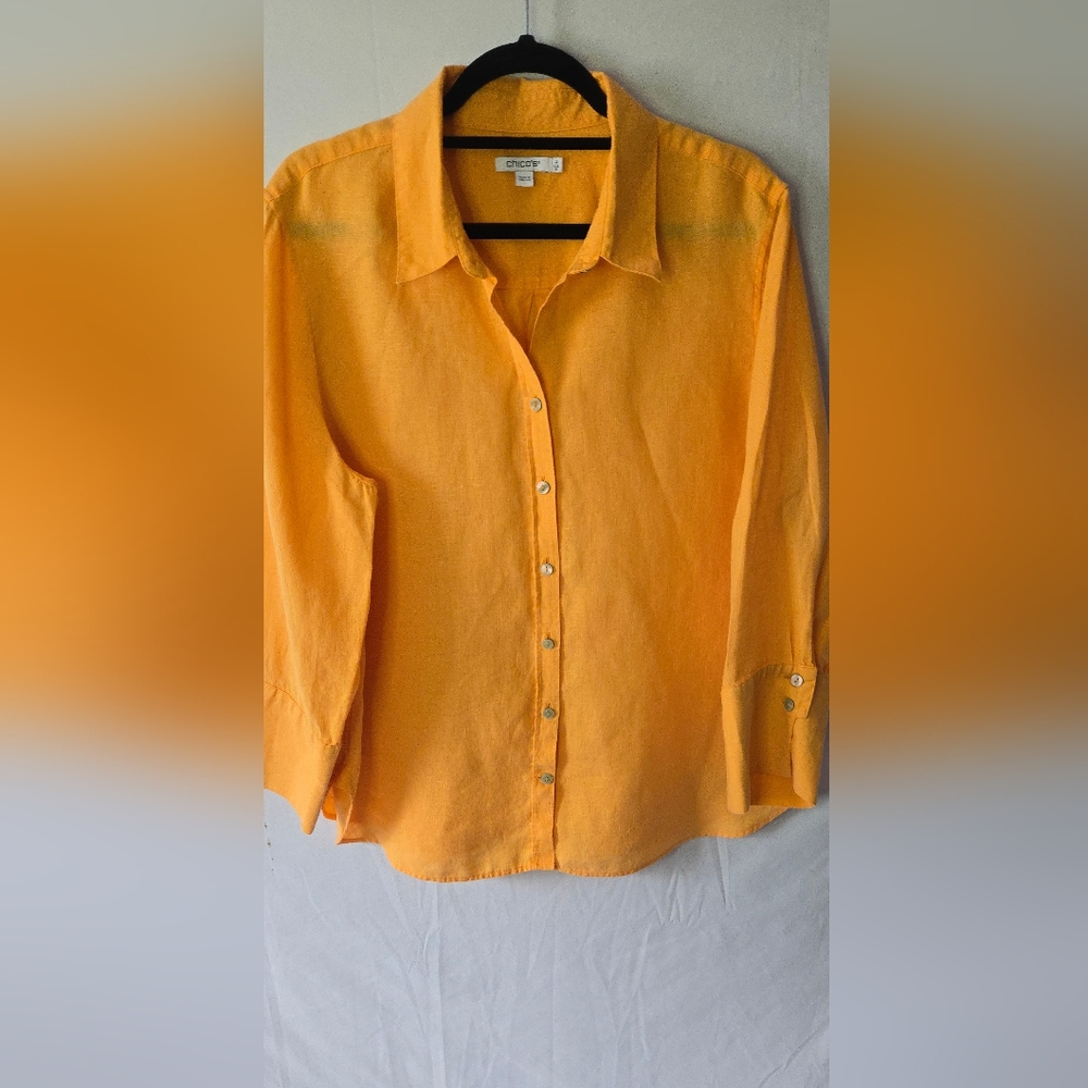 Chicos 100% Linen Bright Orange Button Casual Top Womens Size 16 Chico's 3